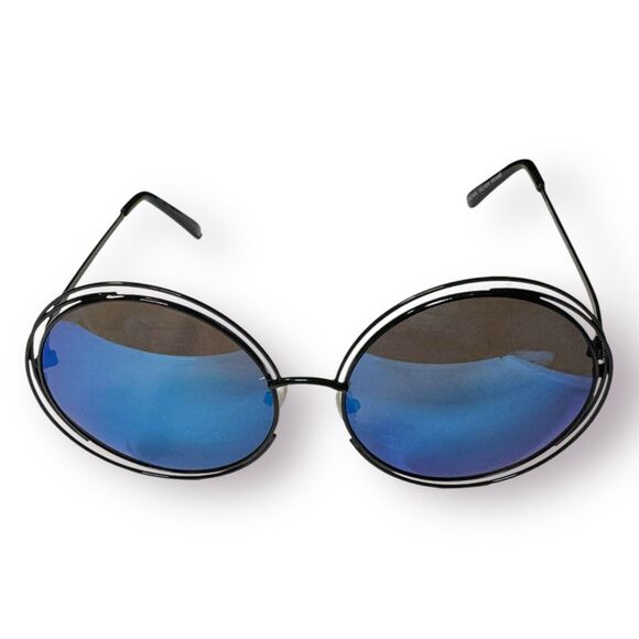 Raptor‎ Retro Mirrored Blue Round Oversized Sunglasses Nickel Silver Frames Boho - Picture 1 of 10